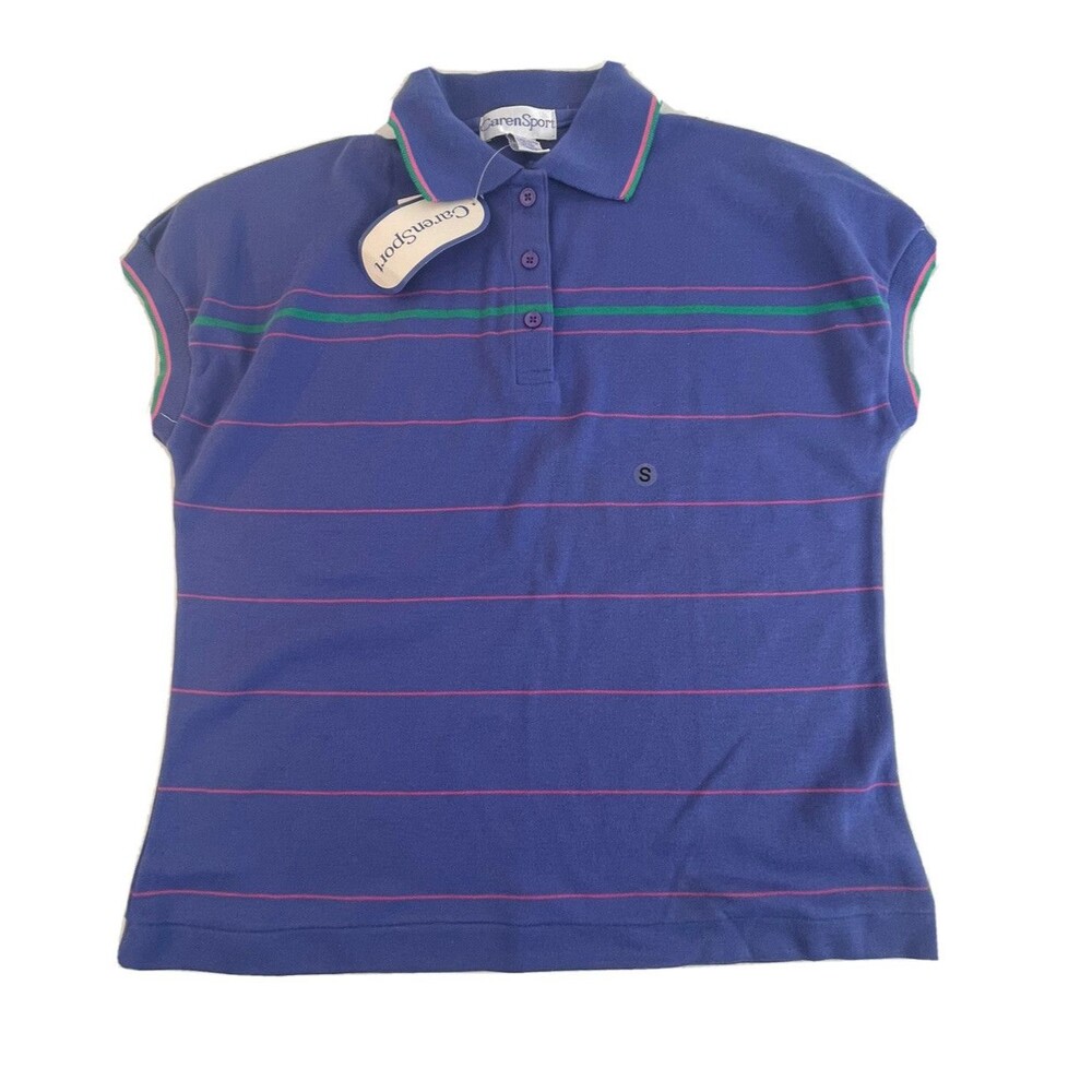 Caren Sport Women's Small Purple Striped Polo Shirt Short Sleeve Collared Top